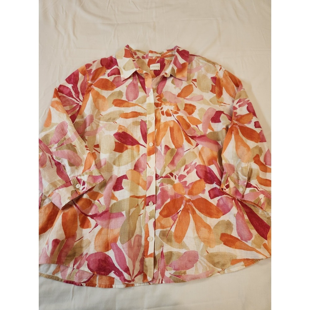Chico Women's Orange Floral Linen Button-Up Shirt Size 2XL 3/4‎ Sleeve Summer - Picture 10 of 12